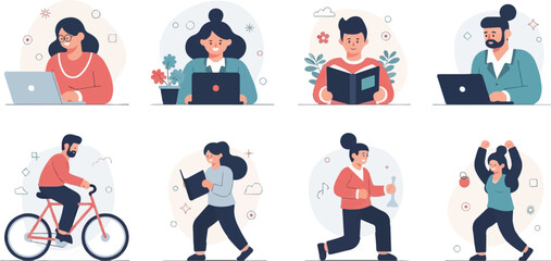 Fototapeta premium Diverse people engage in work, learning, cycling, and fitness activities