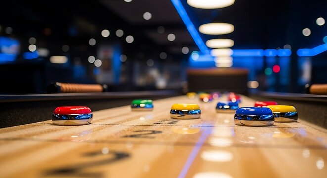 Close-up of shuffleboard game with pucks in play, blurred background of a bar