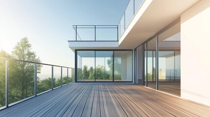 Fototapeta premium Spacious wooden roof terrace with glass railings and forest views for luxury real estate and outdoor living design use