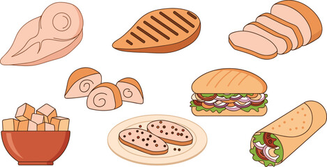 Chicken Poultry Food Vector Collection Featuring Raw Chicken Breast, Grilled Chicken Fillet, Sliced Chicken Meat, Chicken Sandwich Burger and Chicken Wrap Illustration