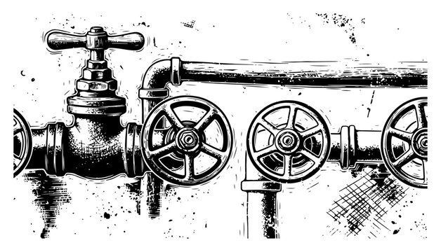 Industrial plumbing background with pipes and control valves in grunge style