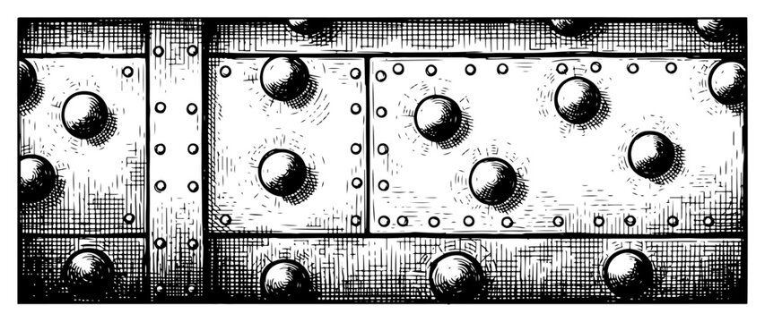Detailed texture of riveted metal plates and heavy steel armor in engraving style
