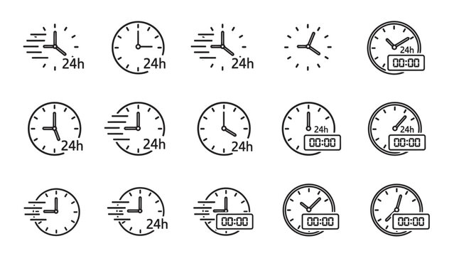 Diverse collection of outline icons representing 24-hour service, fast delivery, and continuous time operations for modern business and digital applications