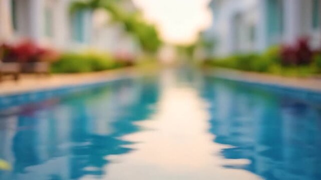 Green plants frame a tranquil blue water feature with blurred buildings.