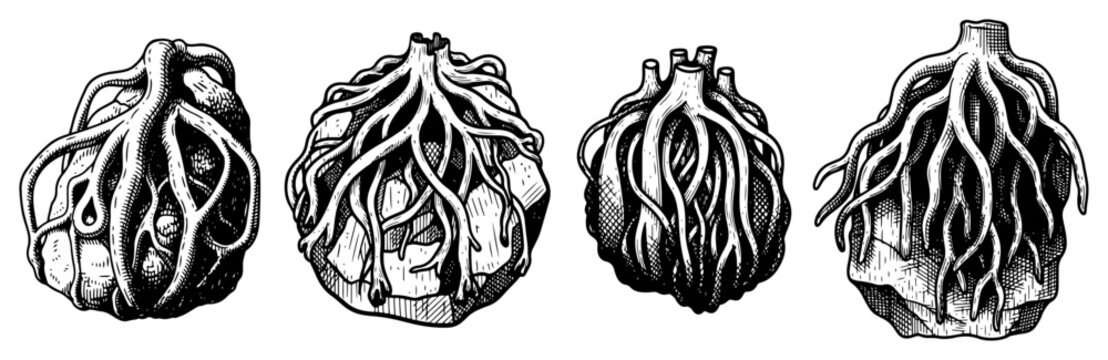 Hand drawn engraving style set of marine sea squirts on rocks