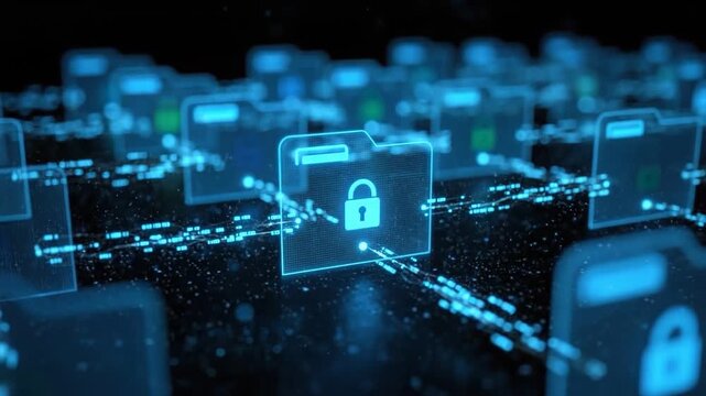 Digital Fortress: Illuminated file folders intertwined with secure data streams, symbolizing the safeguarding of confidential information within a digital environment.