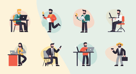 Diverse professionals engaged in various activities like working on laptops and holding objects