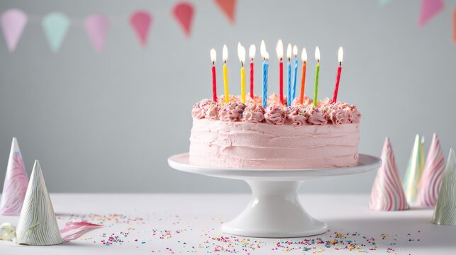 A round, pink frosted cake with colorful candles and sprinkles on a white cake stand