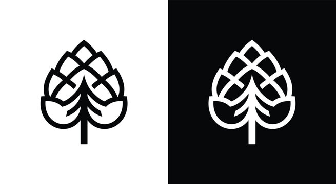 Minimalist hop plant logo design in black and white perfect for breweries and beer brands.