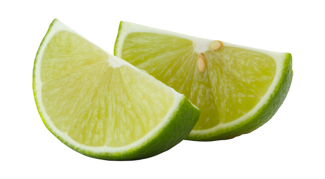 Two lime wedges green citrus fruit isolated on a transparent background