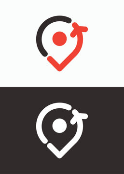 Travel location logo with airplane and map pin design.