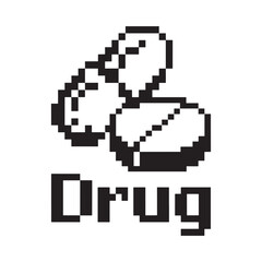 Fototapeta premium Pixelated illustration depicting two pills and the word drug below