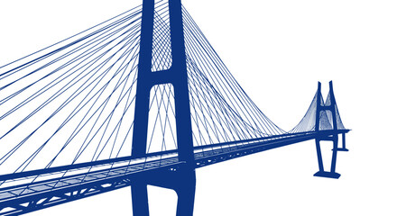 Obraz premium Modern Cable-Stayed Bridge Silhouette, Blue Line Art on White Background