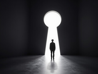 Obraz premium Man Silhouette Standing Before Bright Keyhole Doorway Concept Of Opportunity