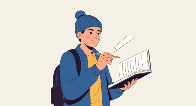 Young student writing in notebook, wearing beanie and backpack, creative inspiration