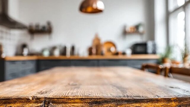 Empty rustic wooden table with a blurred modern kitchen background