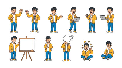 Fototapeta premium Man in Various Poses: A series of illustrations shows a man in a yellow jacket demonstrating different actions, capturing diverse situations in his daily life.