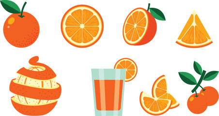 Orange Fruit Collection with Whole Orange, Orange Slices, Peeled Orange Spiral, Fresh Orange Juice Glass and Citrus Branch Vector Illustration Set © ABDUL HAKIM