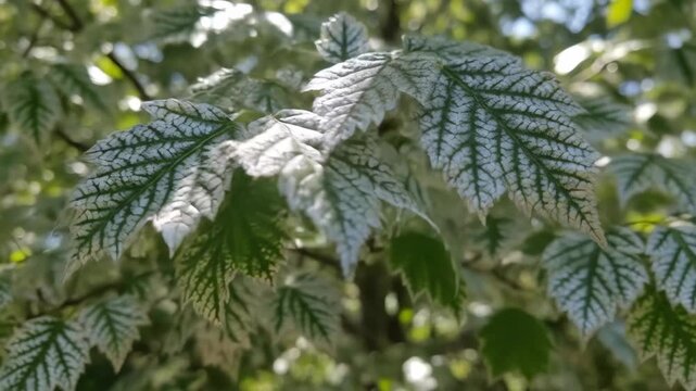 Close-up of Variegated Green and Silver Leaves on Tree Branch.
