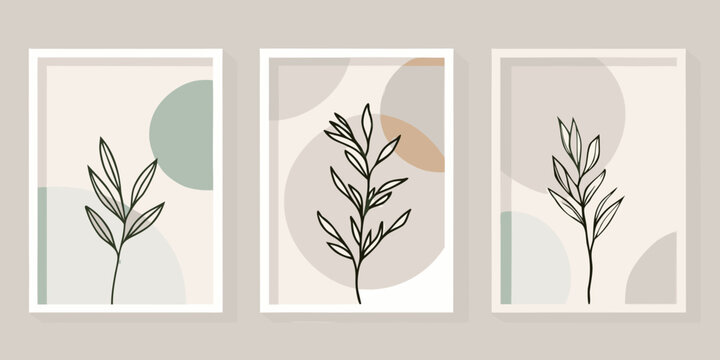 Minimalist botanical art prints with abstract shapes and delicate line work