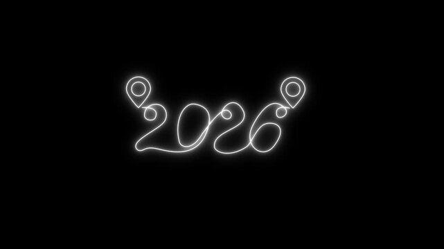 Glowing neon 2026 with map pin symbols on black background for futuristic and modern glowing 2026 futuristic 2026