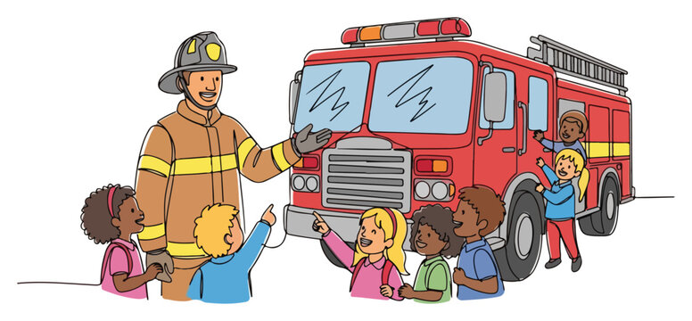 Friendly firefighter showing a red fire engine to a group of diverse school children in cartoon style