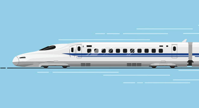 High-speed bullet train moving fast on blue background, modern transport concept