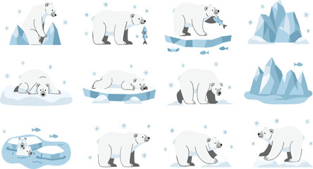 Polar Bear Arctic Wildlife Illustration Set Featuring Walking, Swimming, Hunting, and Resting Poses of White Bear in Icy Polar Landscape. © MstSuborna