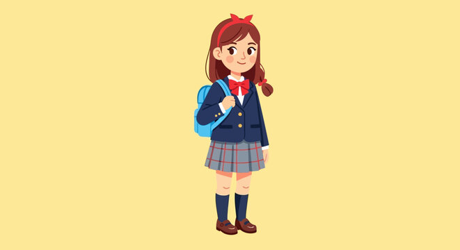 Young School Girl with Backpack, Ready for School, Uniform, Happy Expression