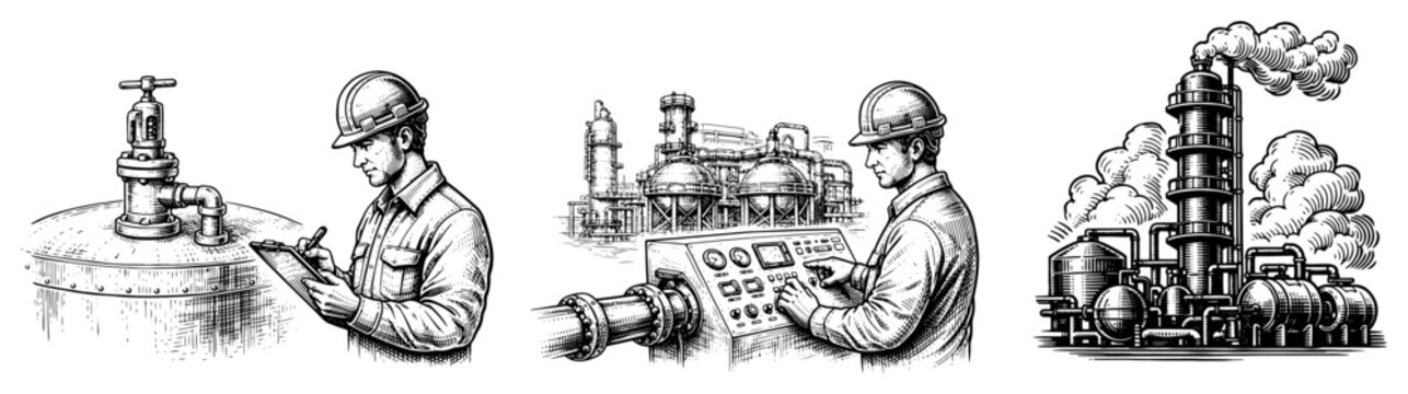 Hand drawn industrial scenes featuring oil refinery workers operating machinery and monitoring chemical plant production
