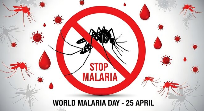 Stop malaria world malaria day awareness campaign with mosquito and blood drops on white background