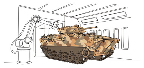 Modern illustration of a military armored vehicle in a maintenance hangar featuring a robotic assembly arm © Tomas