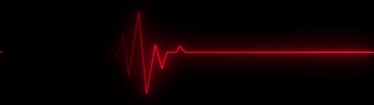 ECG heartbeat line glowing on a deep black background, with sharp pulse peaks and smooth flat segments, symbolizing heart activity, life monitoring, and medical diagnostics in a futuristic