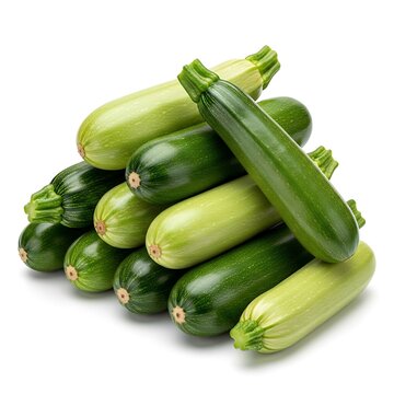 Pile of fresh green and light green summer squash stacked against a white background