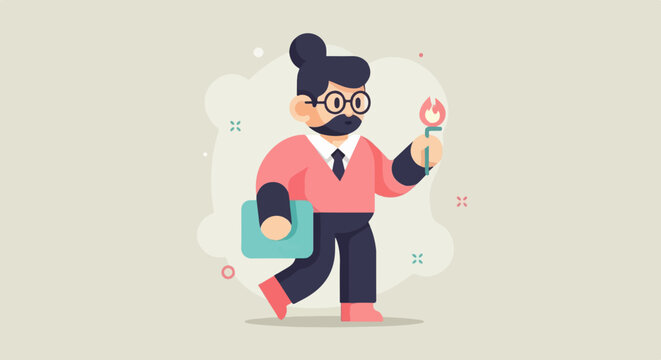 Animated character with glasses holding a burning torch and a blue folder