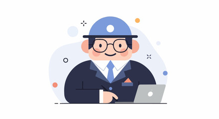 Obraz premium Cheerful cartoon character wearing glasses and a hat, working on a laptop
