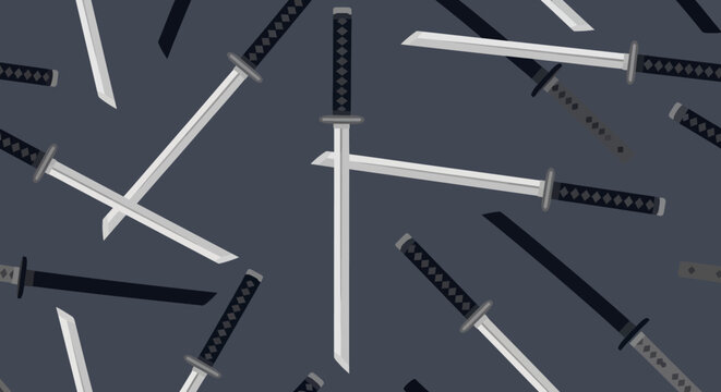 Seamless Pattern of Japanese Katana Swords on Dark Blue Background