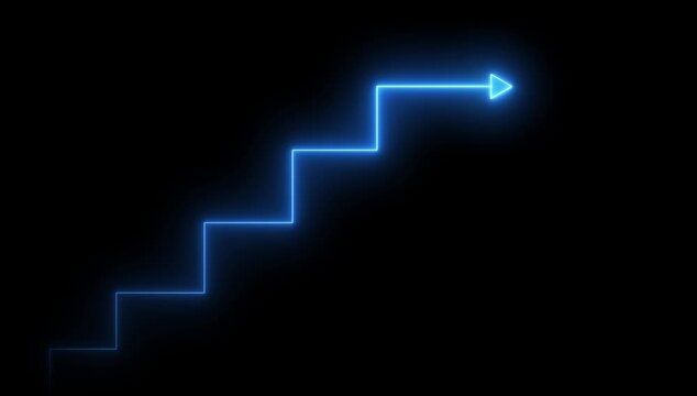 Glowing Blue Stairs Step Graph With Upward Arrow Animation on dark background. Business Growth, Financial Success Concept