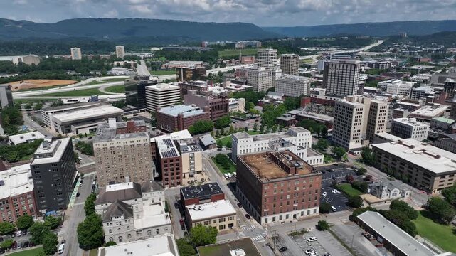 Aerial View of Downtown Chattanooga Tennessee office buildings, streets on summer day