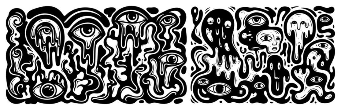 Psychedelic abstract pattern with melting eyes and surreal faces in black and white