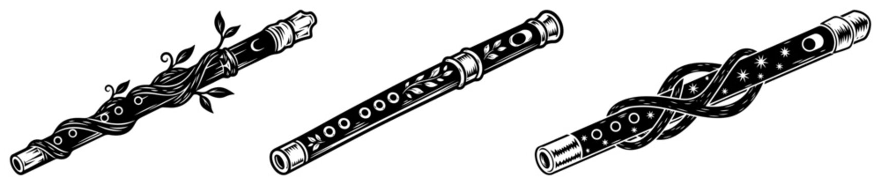 Collection of three decorative mystical flutes with intricate patterns and ornaments