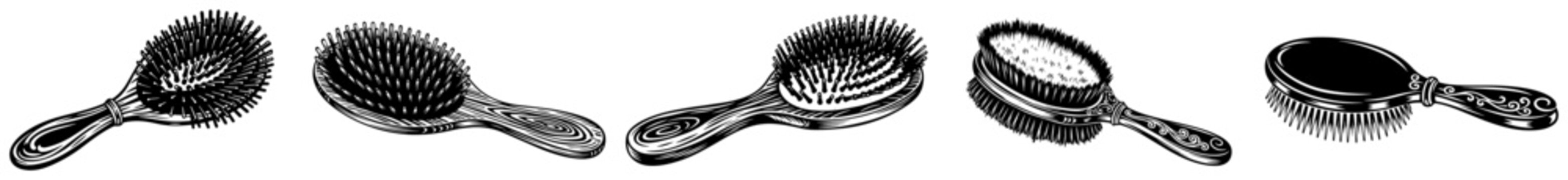 Collection of various hairbrushes and combs in traditional black ink illustration style