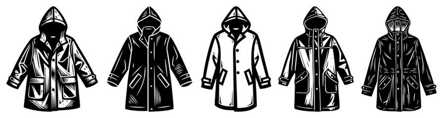 Collection of various hooded coats and jackets for outdoor activities illustration © Tomas