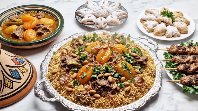 Delicious Middle Eastern Lamb and Rice Dish Garnished With Apricots and Almonds