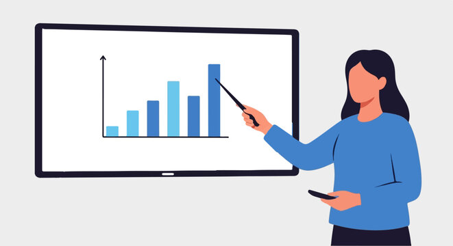 Person pointing at a bar graph on a screen