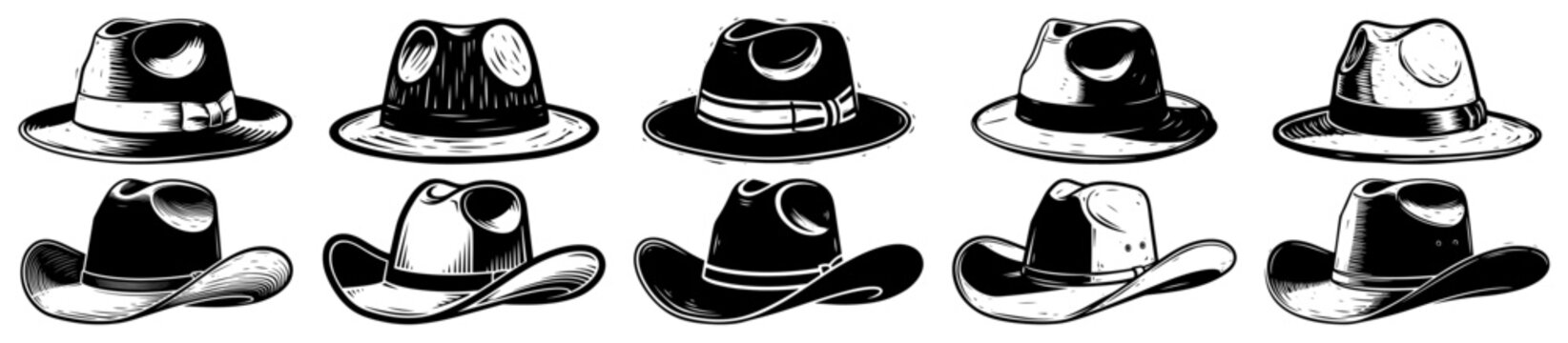 Collection of vintage hand drawn fedora and cowboy hats in detailed woodcut style