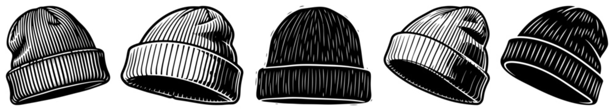 Set of various knitted beanie hats hand drawn in high contrast woodcut engraving style