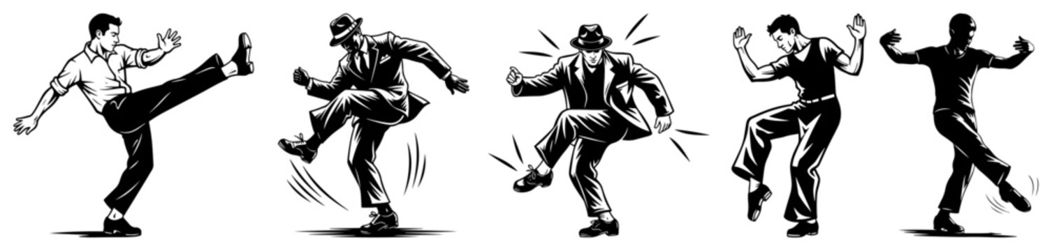 Sequence of five energetic swing dancers in vintage hand drawn graphic style