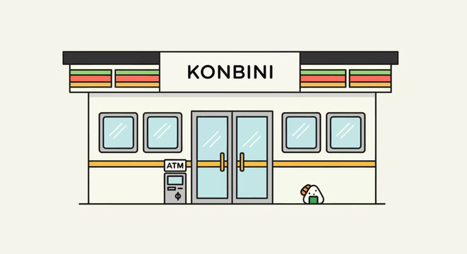 Cute Konbini Convenience Store with Onigiri Character, Japanese Street Food