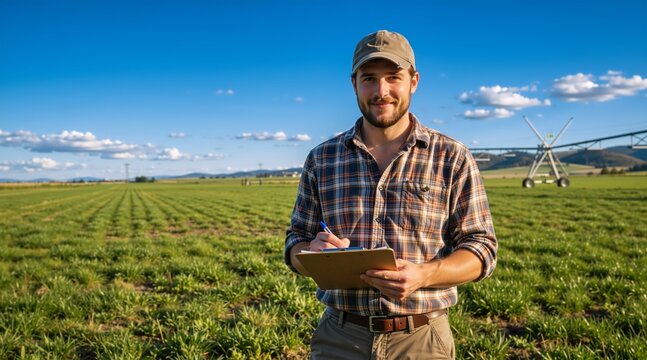 Smiling male farmer holding a clipboard in a green agricultural field. Agronomist checking crops with center-pivot irrigation system in background. Modern farming and agriculture management concept